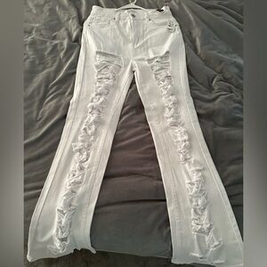 Akira All White Ripped Jean Jacket With Matching Ripped Jeans. NWT